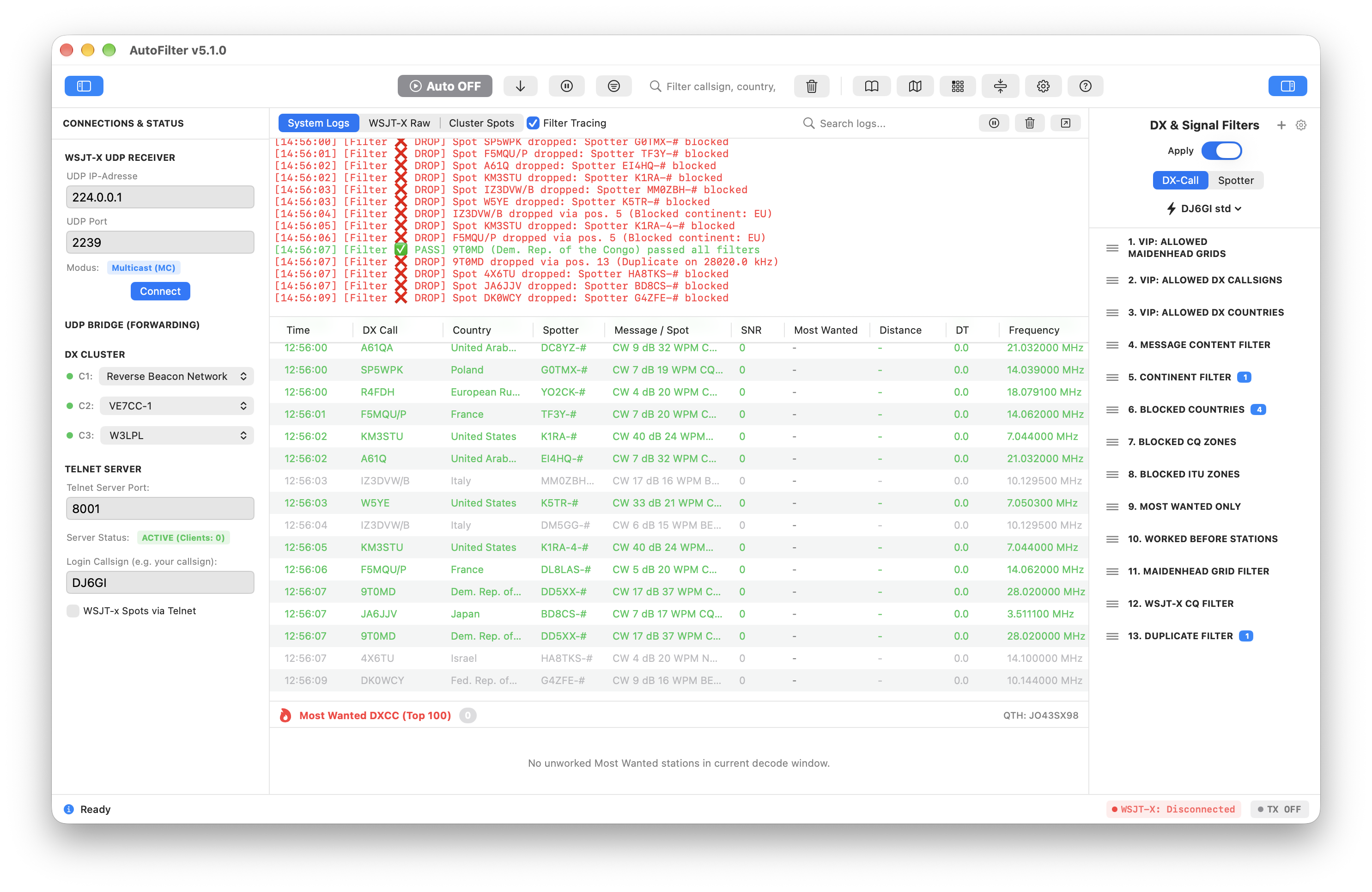 AutoFilter Hauptfenster & DX-Filter Screenshot